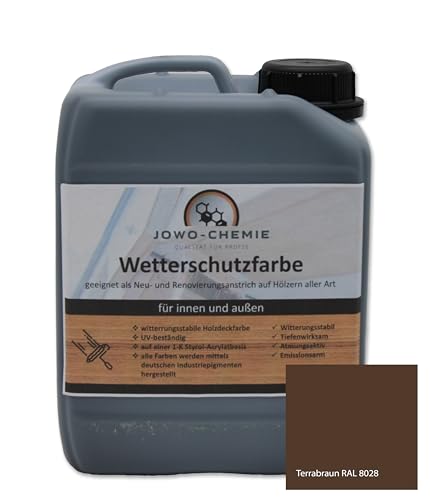 JOWO-CHEMIE Wetterschutzfarbe (5kg) Holzfarbe Zaunfarbe Gartenfarbe auf Hölzer aller Art große Farbauswahl Acryl-Farbe (Terrabraun) von JOWO-CHEMIE