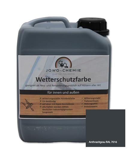 Wetterschutzfarbe (5kg) Holzfarbe Zaunfarbe Gartenfarbe auf Hölzer aller Art große Farbauswahl Acryl-Farbe (Anthrazitgrau) von JOWO-CHEMIE