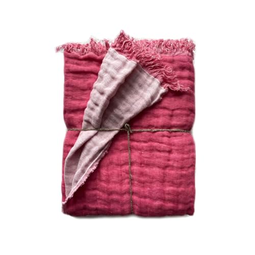 JOWOLLINA Doubleface Plaid Bettüberwurf Leinen Stonewashed (Himmbeer-rosa, 135 x 190 cm) von JOWOLLINA