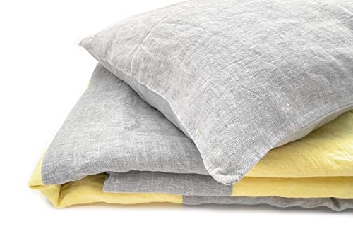 JOWOLLINA Natur Leinen Bettwäsche-Set Soft Washed Finish „Stripe“ 200 g/m2 (Grau/Gelb Melange, 135×200 cm, 40×80 cm) von JOWOLLINA