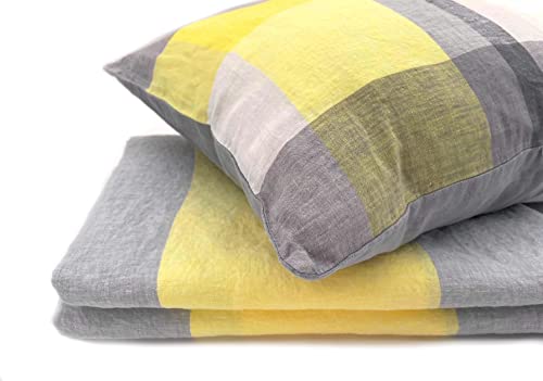 JOWOLLINA Natur Leinen Bettwäsche-Set Soft Washed Finish „Stripe“ 200 g/m2 (Grau/Gelb Melange, 135×200 cm, 40×80 cm kariert) von JOWOLLINA