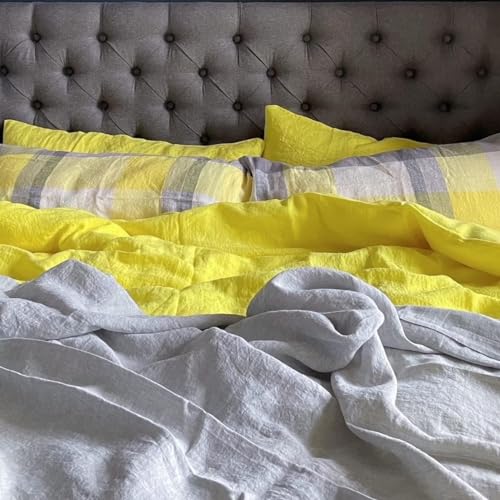 JOWOLLINA Natur Leinen Bettwäsche-Set Soft Washed Finish „Stripe“ 200 g/m2 (Grau/Gelb Melange, 135×200 cm, 80×80 cm Yellow) von JOWOLLINA