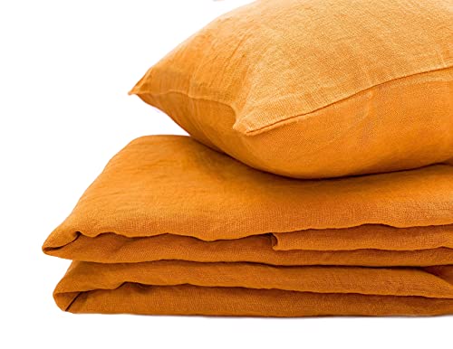 JOWOLLINA Natur Leinen Bettwäsche-Set Soft Washed Finish 180 g/m2 (Gold Orange, 200x200 cm, 2St. 40x80 cm) von JOWOLLINA