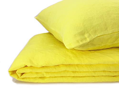 JOWOLLINA Natur Leinen Bettwäsche-Set Soft Washed Finish 180 g/m2 (Yellow, 155x220 cm, 40x80 cm) von JOWOLLINA