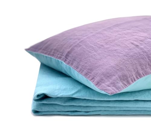 JOWOLLINA Natur Leinen Bettwäsche-Set Soft Washed Finish 180 g/m2 Doubleface (Clearwater/Flieder, 135x200 cm, 40x80 cm) von JOWOLLINA