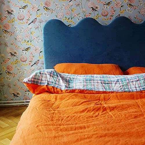 JOWOLLINA Natur Leinen Bettwäsche-Set Soft Washed Finish 180mg2 (Blutorange Karo, 135x200 cm, 40x80 cm) von JOWOLLINA