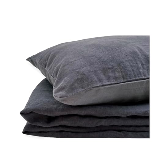 JOWOLLINA Natur Leinen Bettwäsche-Set Soft Washed Finish 180mg2 (Night Shadow, 135x200 cm, 40x80 cm) von JOWOLLINA