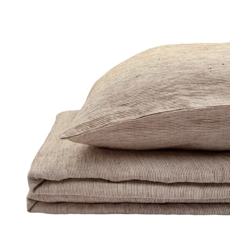 JOWOLLINA Natur Leinen Bettwäsche-Set Soft Washed Finish 180mg2 (Nougat Stripes, 135x200 cm, 40x80 cm) von JOWOLLINA