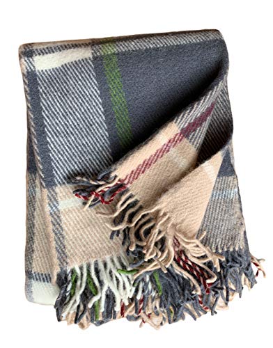 JOWOLLINA WOOLONLY 100% Lammwolle Wolldecke Plaid Karo Schottenmuster Tartan (Grau/Sand-beige, 150x205 cm) von JOWOLLINA