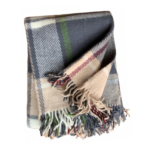 JOWOLLINA WOOLONLY 100% Lammwolle Wolldecke Plaid Karo Schottenmuster Tartan (Grau/Sand-beige, 175x210 cm) von JOWOLLINA