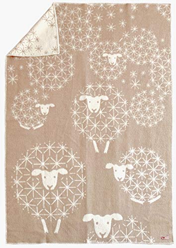 JOWOLLINA Wendedecke Wolldecke Plaid Kuscheldecke aus Öko-Wolle mit lustigem Tiermotiv (Schäffchen Pusteblume Cacao/Sand) von JOWOLLINA