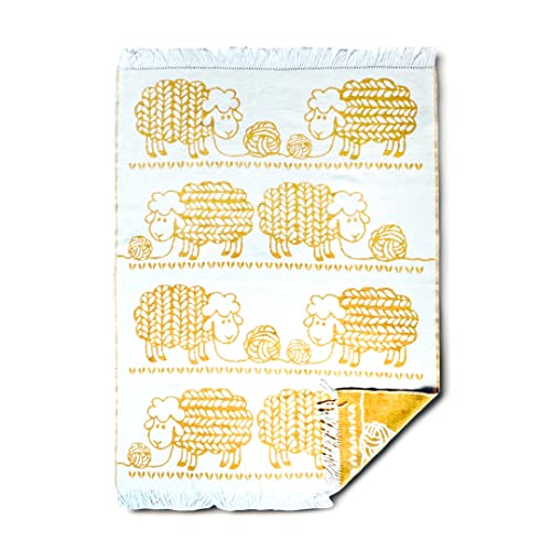 JOWOLLINA Wendedecke Wolldecke Plaid Kuscheldecke aus Öko-Wolle mit lustigem Tiermotiv (Wool Sheep Ocker) von JOWOLLINA