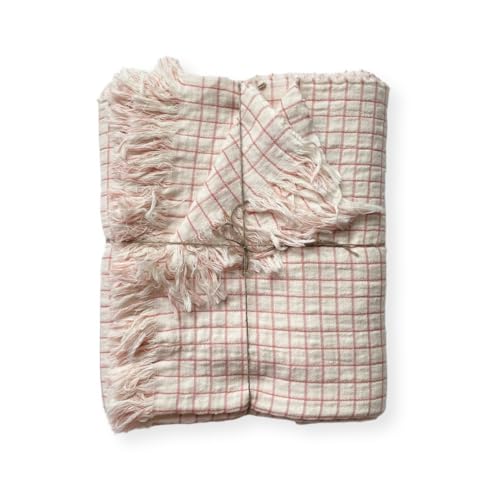 JOWOLLINA Doubleface Plaid Bettüberwurf Leinen Stonewashed (Off White/Rose, 148×210 cm) von JOWOLLINA