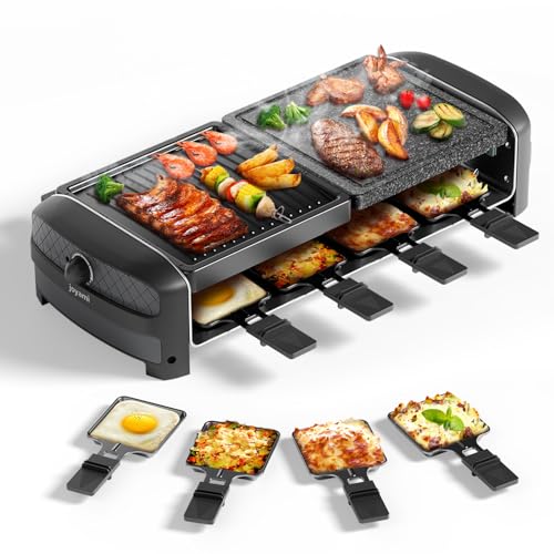 JOYAMI Raclette-Gril Elektrisch Tischgrill mit Naturgrillstein und Grillplatte, Raclette mit antihaftbeschichteter Grillplatte und 8 Pfännchen Elektrogrill für Grillen Überbacken, Edelstahl,1400W von JOYAMI