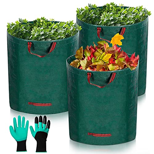 JOYBOY Gartensack,3er Set Gartenabfallsack,300L Gartenabfälle aus robustem Wasserdichtes Polypropylen Gewebe PP Selbststehend und Faltbar Gartensack,inkl 1 Paar Gartenhandschuhe von JOYBOY