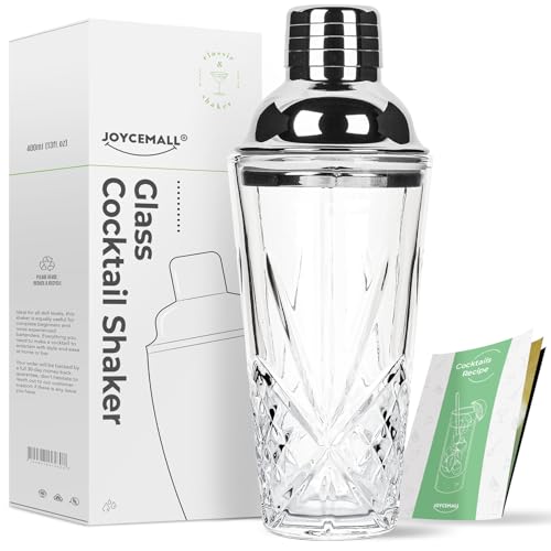 Glas Cocktailshaker, JOYCEMALL 400ML Fassungsvermögen Crystal Cocktail Mixing Glas Set mit Edelstahl Lecksicher Messbecher-Deckel & Sieb & Geschenkbox für Zuhause Bar Whisky Drinkware - silberfarben von JOYCEMALL