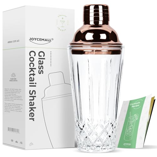 Glas Cocktailshaker, JOYCEMALL 400ML Klarglas Cocktail Shaker Set mit Sieb & Edelstahl Lecksicher Messbecher-Decke & Geschenkbox für Home Bar Store Whisky Drinkware - Roségold von JOYCEMALL