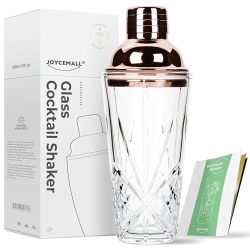 JOYCEMALL Cocktail-Shaker aus Glas, 411 ml, Kristall-Shaker, Barkeeper-Shaker mit Edelstahlkappe und Sieb, für den Heimgebrauch und Bar, Whisky-Cocktail, Roségold von JOYCEMALL