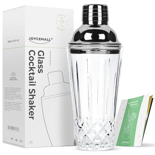 JOYCEMALL Cocktail-Shaker aus Glas, 411 ml, geschliffener Kristall-Shaker mit Edelstahlkappe und Sieb, für Zuhause und Bar, Whisky, Silber von JOYCEMALL