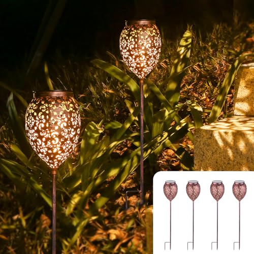 JOYCREATOR Metall Solarlampen für Außen Garten 4 Stück, Solarleuchten für Außen IP65 Wasserdicht, Vintage Gartenleuchten Solar Höhenverstellbar mit Erdspieß für Balkon Terrasse Weg Hof Rasen (Kupfer) von JOYCREATOR