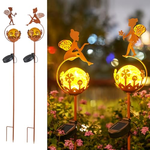 JOYCREATOR Solarlampen für Außen 2 Stück, Metall Solarleuchten Garten IP65 Wasserdichte 2er Set, LED Solar Gartenleuchten für Außen Rost Deko Elfe Fee Gartenstecker Balkon Terrasse Blumentopf Weg von JOYCREATOR