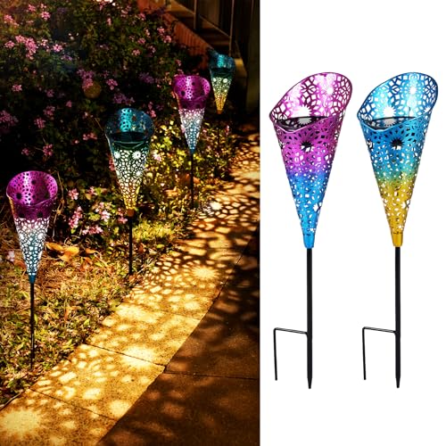 JOYCREATOR Solarlampen für Außen Garten 2 Stück, Metall Solarleuchten für Außen mit Erdspieß, LED Solar Gartenleuchten für Außen IP65 Wasserdichte Rasen Balkon Terrasse Pfahlpfad Deko Geschenke von JOYCREATOR