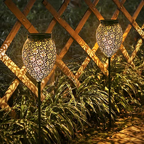 JOYCREATOR Metall Solarleuchten für Außen, 2 Stück IP65 Wasserdicht Solarlampen für Außen Garten, Warmweiß Orientalische LED Solar Gartenleuchte Terrasse Balkon Vintage Deko 2er Set von JOYCREATOR