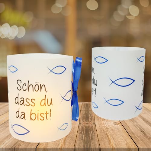 12 Blau Windlicht Tischdeko Taufe Deko Junge, Kommunion Konfirmation Jugendweihe Erstkommunion Deko Junge, Schön DASS Du Da Bist, Motiv Fisch von JOYEASE