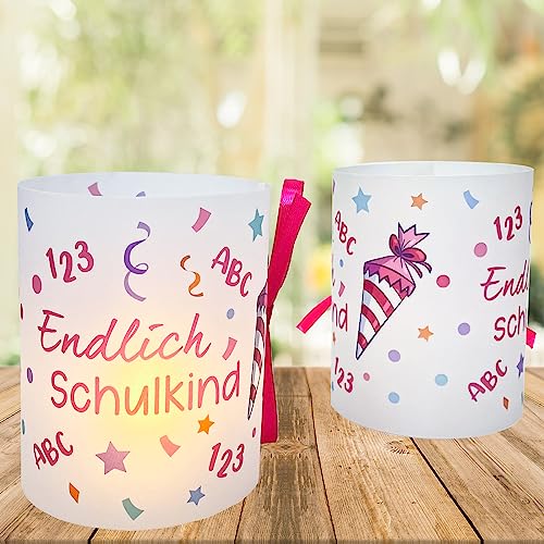 JOYEASE 12 Rosa Windlicht Tischdeko Einschulung, Schulanfang Endlich Schulkind Deko Mädchen, Motiv Schultüte von JOYEASE