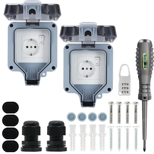 2 STÜCK Außensteckdose Wasserdicht Steckdose IP66 1fach mit Schalter,Wandsteckdose Feuchtraum Aufputz Schutzkontakt Gartensteckdose Staubdicht Wetterfest Outdoor Steckdose mit Klappdeckel von JOYELEC