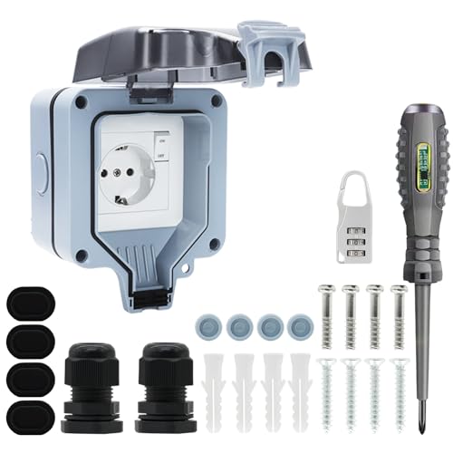 Außensteckdose Wasserdicht Steckdose IP66 1fach mit Schalter,Wandsteckdose Feuchtraum Aufputz Schutzkontakt Gartensteckdose Staubdicht Wetterfest Outdoor Steckdose mit Klappdeckel von JOYELEC
