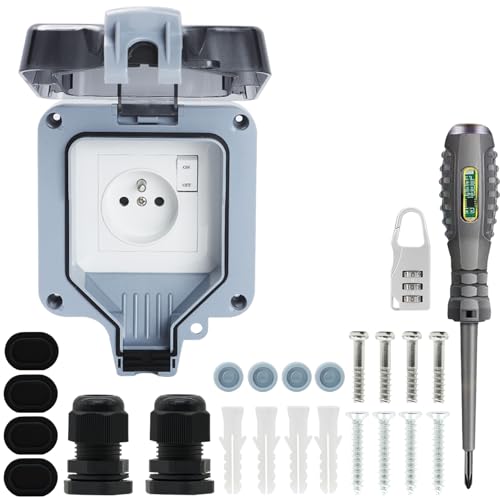 Außensteckdose wasserdicht IP66 Doppelsteckdose und Schutzklappe, Steckdosenleiste für Garten, Staubschutz und Winddicht mit Schalter, Kontrollleuchte (MPG1-FSN) von JOYELEC