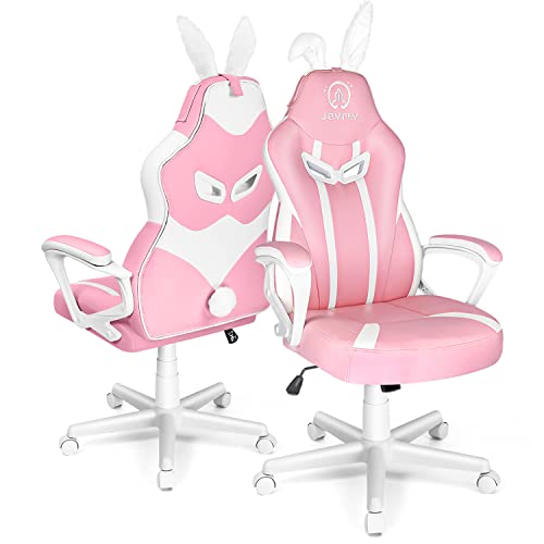 JOYFLY Pink Gaming Stuhl Bürostuh Computerstuhl PU-Leder Ergonomische Gamer Stühle mit Süßen Hasenohren und Schwanz Höhenverstellbar Lordosenstütze(Rosa) von JOYFLY