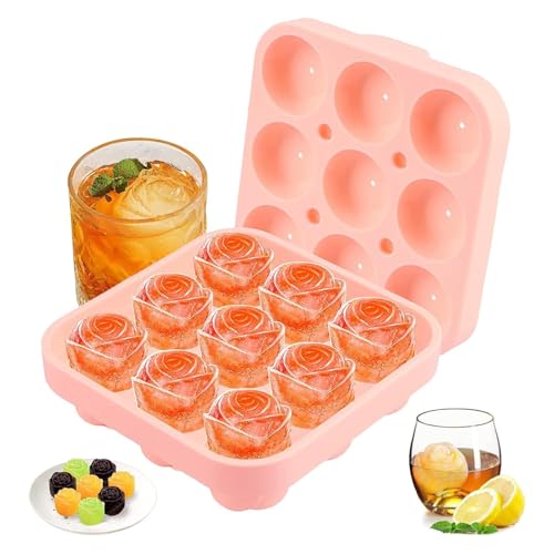 Silikon Eiswürfelform Rose, Eiswürfelform Silikon mit Deckel, 9 Fach Ice Cube Tray 3D Rosen Eiswürfelbehälter mit Deckel, Wiederverwendbare Eiswürfelformen für Eis, Whiskey Cocktail Saft (Rosa) von JOYIAL