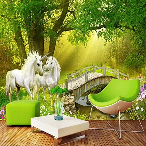 Tapeten Wandbild Hintergrundbild Fototapete Papel De Parede Wald Weißes Pferd Einhorn Holzbrücke Tv Hintergrund Wandtapete Kinderzimmer 3D Tapete, 150 * 105Cm von JOYIELD