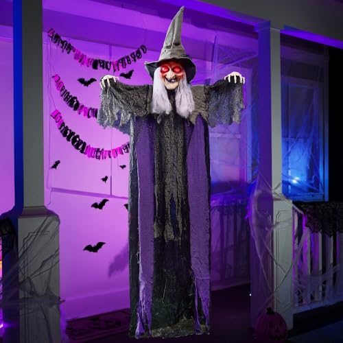 JOYIN 213,4 cm Halloween hängende Hexe Dekoration mit Geräuschaktivierungsfunktion, hängende animierte sprechende Hexe mit runden Augen für Halloween Spukhaus Requisite, von JOYIN