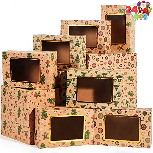 JOYIN 24 Stück folierte Weihnachts-Plätzchenboxen mit Fenster, Leckerli-Boxen für Donut und Kekse, braune Kraft-Bäcker-Boxen mit 3 Designs, Weihnachts-Plätzchen-Geschenk-Backbox, für Gebäck, Cupcakes von JOYIN