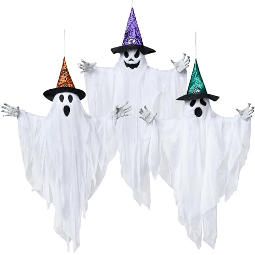 JOYIN 3 Stück 63 cm hängende Geister-Dekorationen, Halloween, weißer Geist mit Hüten für Spukhaus, Friedhofszene, gruselige Innen- und Außendekoration von JOYIN
