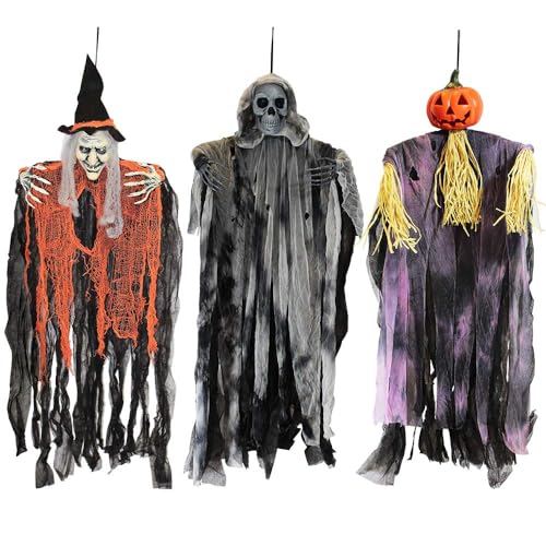 JOYIN 3 Stück 88,9 cm hängende Geister-Halloween-Dekorationen, Sensenmann, hängende Hexe für Halloween-Outdoor-Dekorationen (ein Sensenmann, eine hängende Hexe und ein hängender Sensenmann) von JOYIN
