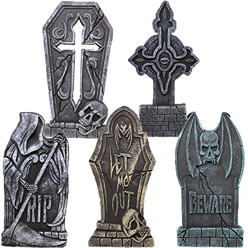 JOYIN 43cm Halloween Schaumstoff RIP Friedhof Grabsteine (5er Pack), Grabstein Dekorationen und 12 Metall Bodenspitze für Halloween Garten Dekoration von JOYIN
