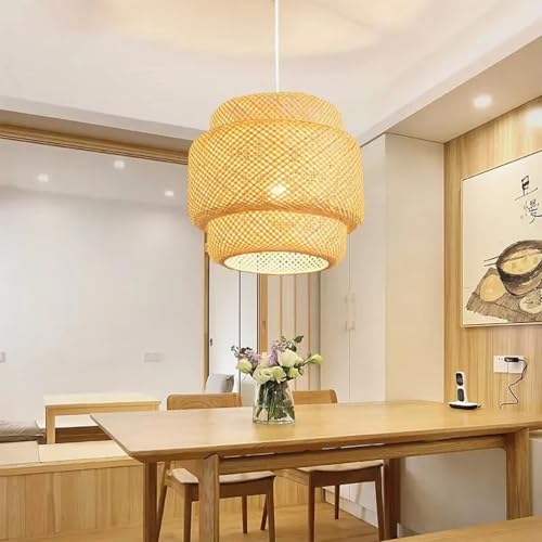 JOYINLED Deckenlampe Bambus Hängelampe Korb Boho Lampe Esszimmer Ø40cm Wohnzimmer Hängend Rattan Natur Küche Vintage E27 Retro 1,5m Textilkabel von JOYINLED