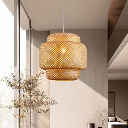 Deckenlampe Bambus Hängelampe Korb Boho Lampe Esszimmer Ø50cm Wohnzimmer Hängend Rattan Natur Küche Vintage E27 Retro 1,5m Textilkabel(keine Glühbirne) von JOYINLED