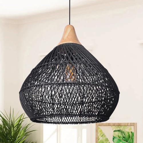 JOYINLED Pendelleuchte Wohnzimmer Boho Korbleuchten Pendellampe Rattan Hängeleuchte Esszimmer Lampe E27, Lampenart:Pendelleuchte(schwarz, ohne Glühbirne) von JOYINLED