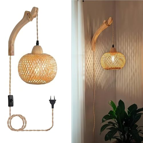 JOYINLED Vintage Bambus Wandlampe mit Schalter, Rattan Lampenschirm, Holz Wandhalterung, E27 Fassung, Natur(keine Glühbirne) von JOYINLED