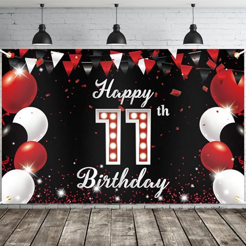 JOYKY Banner "Happy 11th Birthday", Rot / Schwarz, Party-Dekorationen für Jungen und Mädchen, 11 Jahre altes Geburtstagszubehör, Hintergrunddekoration, 15 x 10 cm von JOYKY