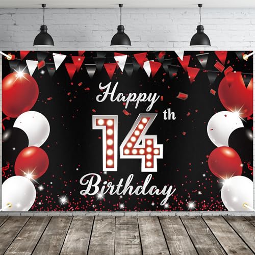 JOYKY Banner "Happy 14th Birthday", Rot / Schwarz, Party-Dekorationen für Jungen und Mädchen, 14 Jahre alt, Hintergrunddekoration, 15 x 10 cm von JOYKY