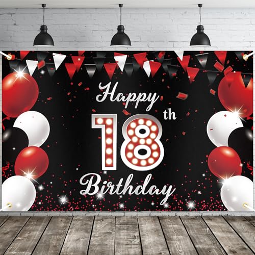 JOYKY Banner "Happy 18th Birthday", Rot / Schwarz, Party-Dekorationen für Jungen und Mädchen, 18 Jahre altes Geburtstagszubehör, Hintergrunddekoration, 1,5 x 1,8 m von JOYKY