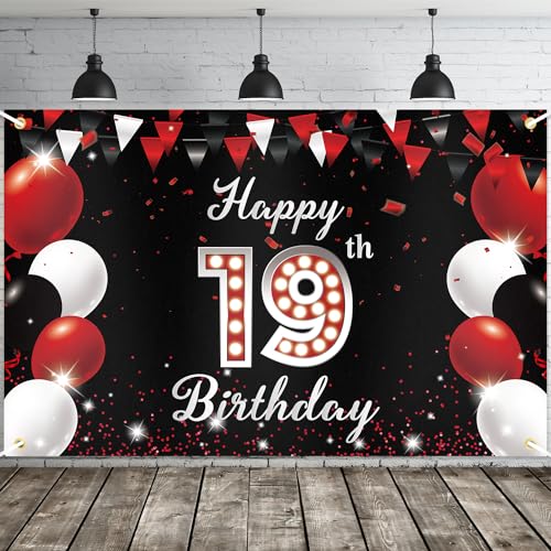 JOYKY Banner "Happy 19th Birthday", Rot / Schwarz, Party-Dekorationen für Jungen und Mädchen, 19 Jahre altes Geburtstagszubehör, Hintergrunddekoration, 15 x 10 cm von JOYKY