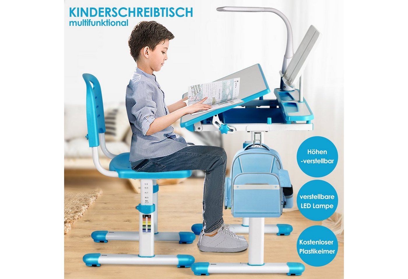 JOYLDIAS Kinderschreibtisch Schülerschreibtisch höhenverstellbar mit Lampe Stuhl und Schublade, Tischgröße: 66,4 x 49 x (54 - 76) cm von JOYLDIAS