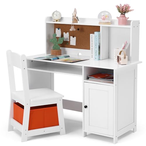 JOYLDIAS Kinderschreibtisch aus Holz, Kinder Schreibtisch mit Stuhl, Multifunktionaler Kinderlerntisch mit Ablageflächen und Stauraum/Weiß von JOYLDIAS